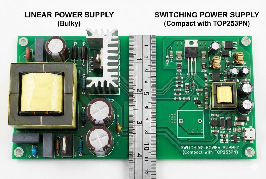TOP253PN chip on a circuit board comparing linear vs switching size