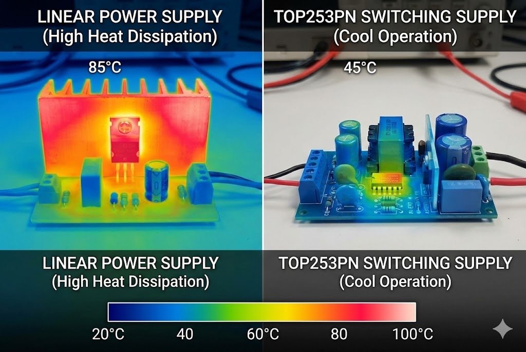 Thermal image showing heat distribution in linear power supply vs TOP253PN