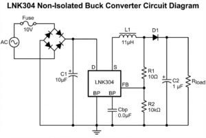 Diagram illustrating the LNK304 non-isolated buck converter circuit featuring components like fuse, capacitors, and resistors.