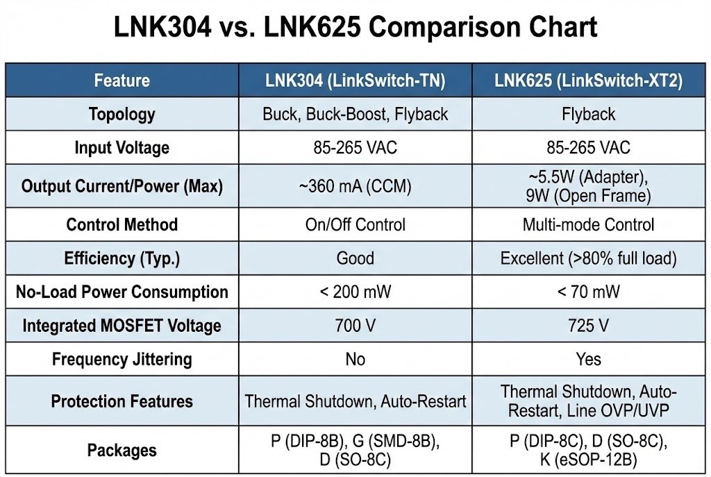 LNK304 vs LNK625 comparison LNK304 vs LNK625 comparison chart
