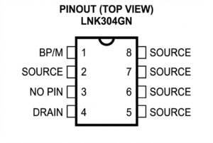 Pinout diagram of LNK304GN chip showing connections for BP/M, Source, Drain.