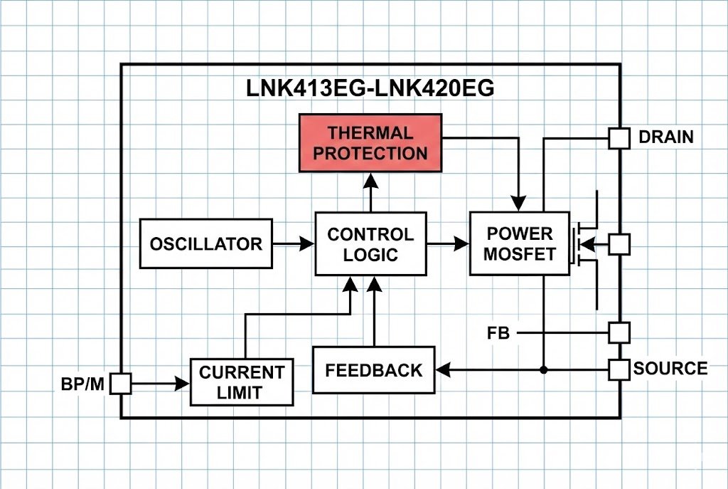 LNK413EG thermal protection diagram LNK413EG-LNK420EG chip diagram showing thermal protection block