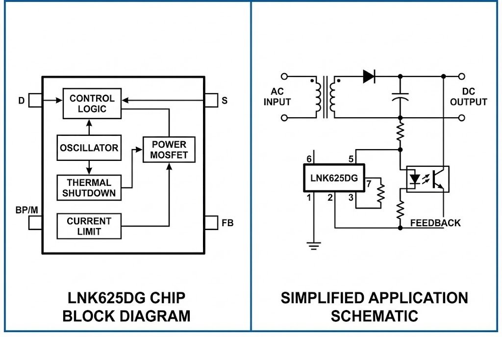 LNK625DG chip diagram and simplified schematic