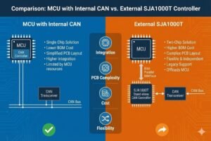 Diagram comparing MCU with internal CAN and SJA1000T external controller with features and pros and cons.