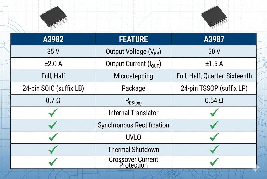 A3982 vs A3987 stepper motor driver comparison