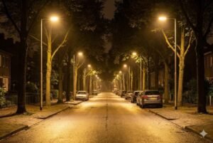 Illuminated city street at night with parked cars under streetlights lining the road.
