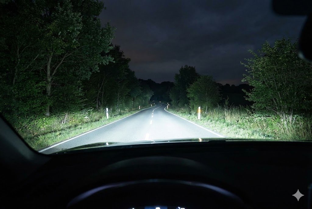Car headlights illuminating a dark road with consistent brightness