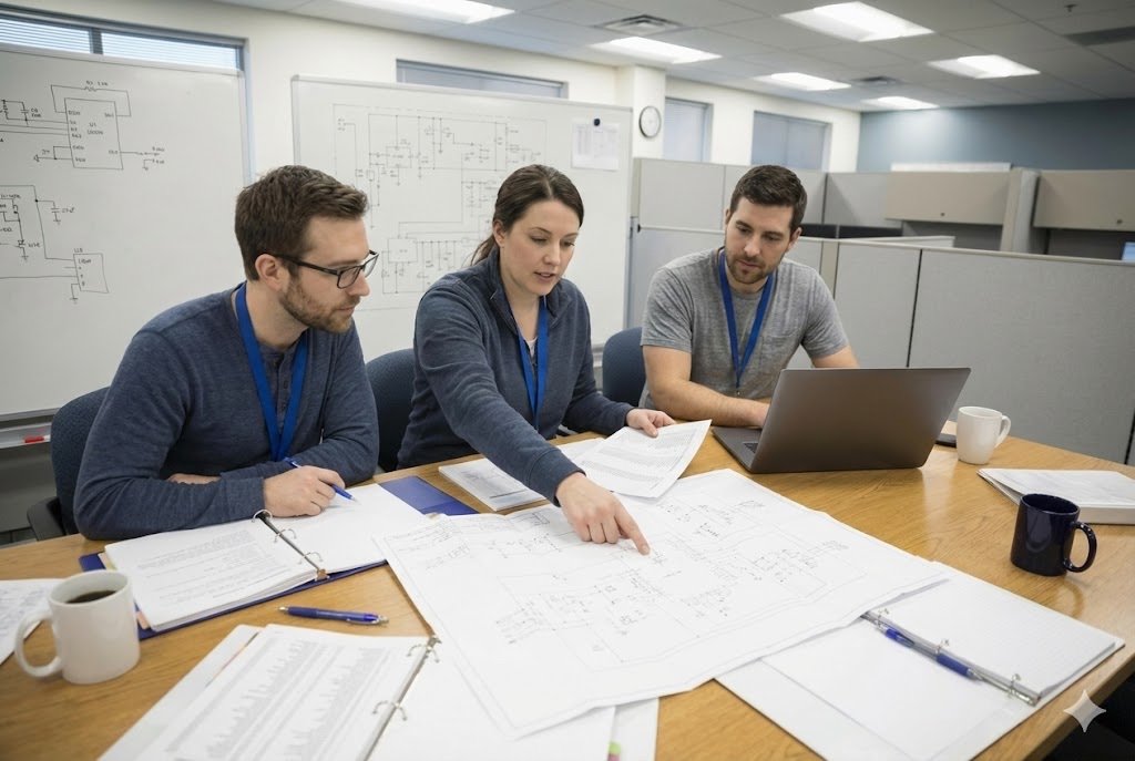 Engineers reviewing schematics and component lists