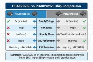 Comparison table of PCA82C250 and PCA82C251 chips, showing improvements in EMC and ESD protection for the PCA82C251.