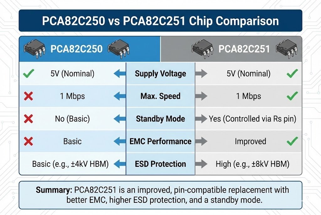PCA82C250 vs PCA82C251 chip comparison