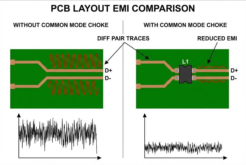 PCB layout comparison with and without common mode choke