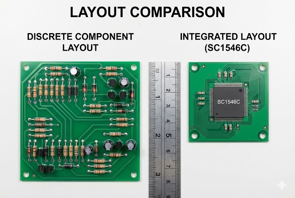 Comparison between discrete component layout and SC1546C integrated layout