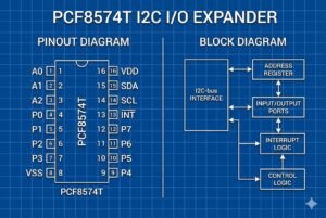 PCF8574T I2C I/O expander diagram showing pinout and block structure for electronic applications.