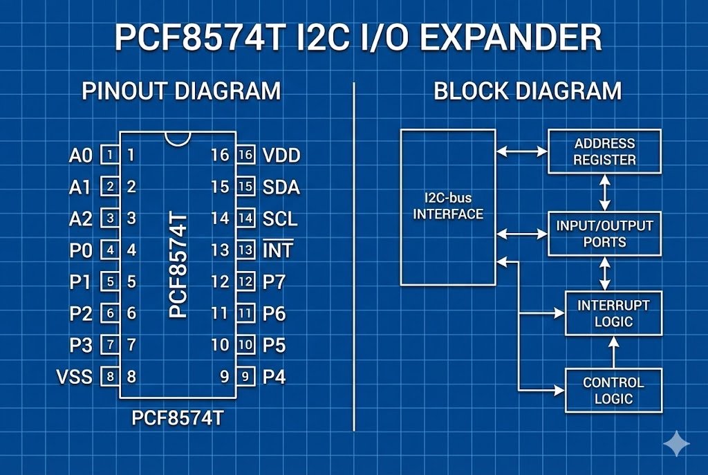PCF8574T I/O Expander Pinout PCF8574T pinout and block diagram