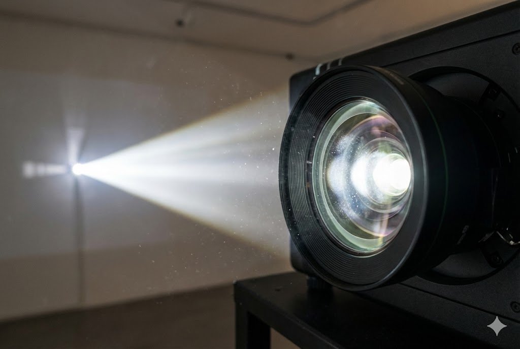 Projector lens emitting a sharp beam of light