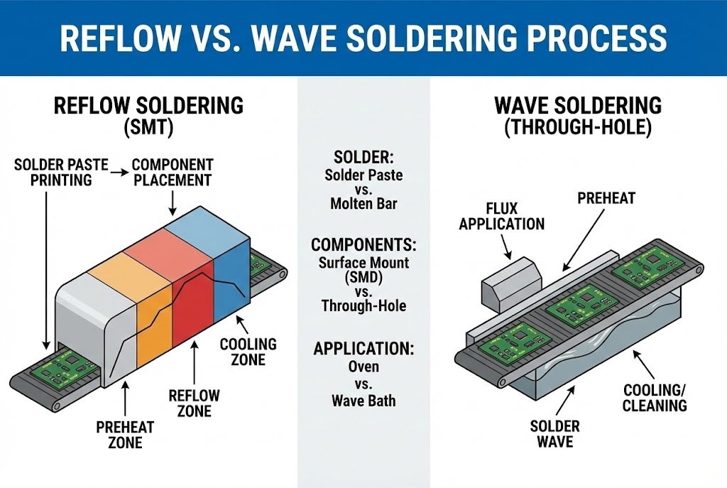Reflow vs Wave soldering diagram Reflow vs Wave soldering process diagram