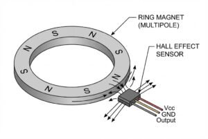 Diagram showing a ring magnet with alternating poles and a Hall effect sensor indicating Vcc, GND, and output.