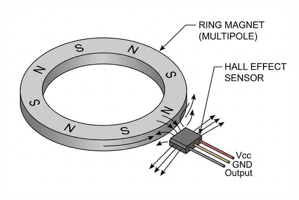 A1221 Latch Sensor with Ring Magnet Ring magnet and hall sensor diagram