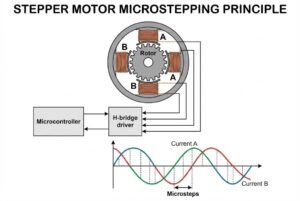 Diagram illustrating stepper motor microstepping with rotor, coils, microcontroller, H-bridge, and wave patterns.