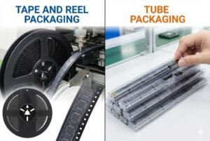 Comparison of tape and reel packaging with tube packaging for electronic components.