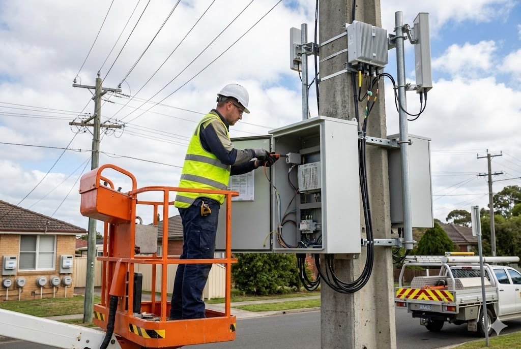 Technician repairing smart grid infrastructure
