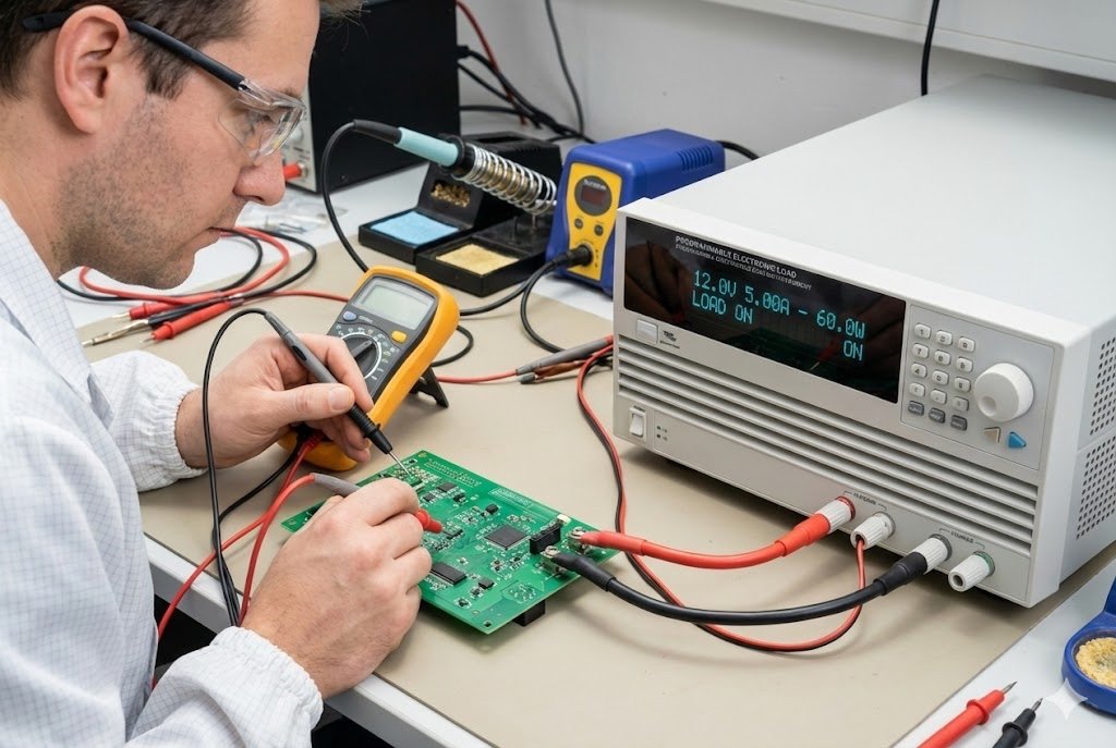 Testing Setup for Overcurrent Engineer testing circuit with electronic load