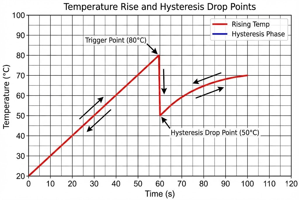 Hysteresis thermal cycle graph Graph showing temperature rise and hysteresis drop points