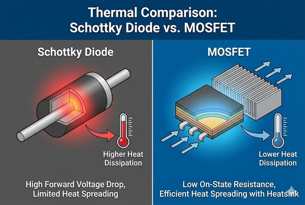Schottky diode vs MOSFET thermal comparison