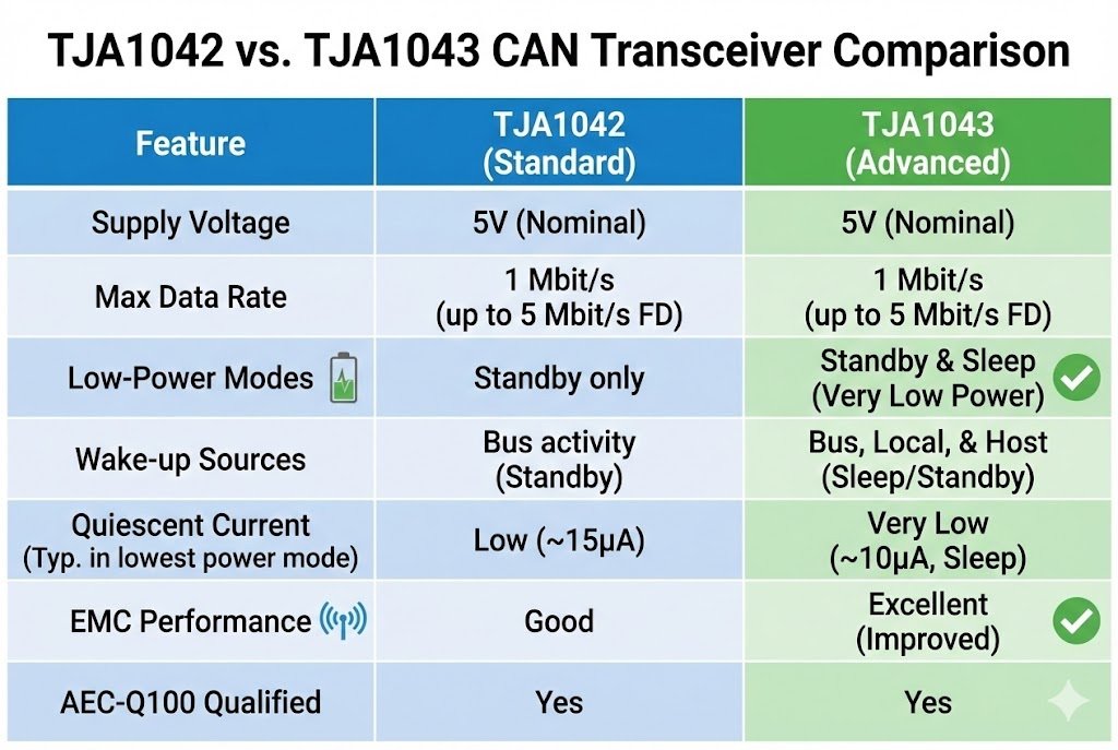 TJA1043 vs TJA1042 Selection Guide TJA1043 vs TJA1042 comparison chart