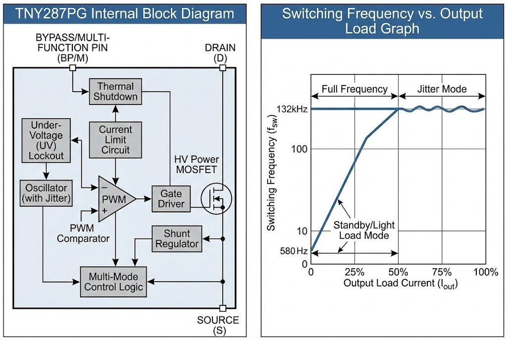 TinySwitch-4 Operation Mode Diagram of TNY287PG internal block diagram and switching frequency graph