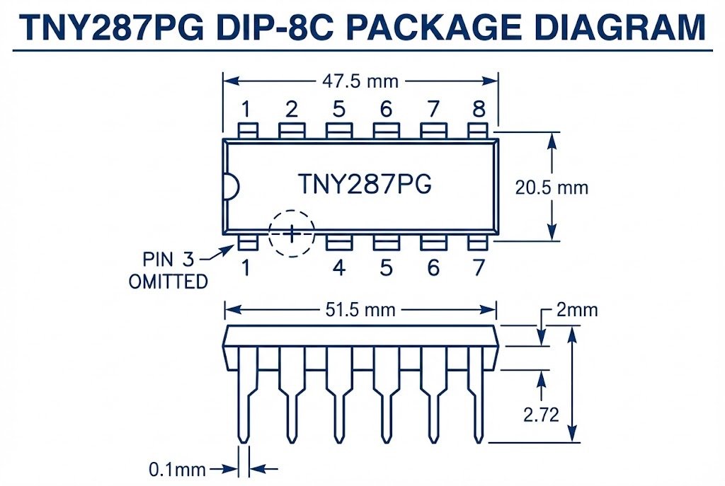 TNY287PG DIP-8C package diagram showing missing pin