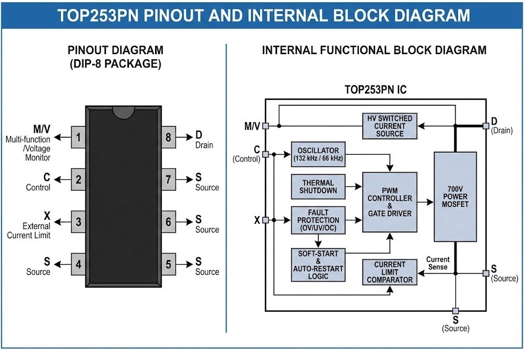 Diagram of TOP253PN pinout and internal block diagram
