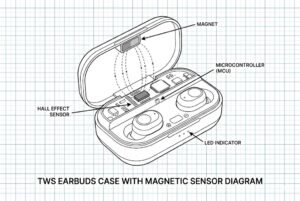 Diagram of TWS earbuds case showing magnet, Hall effect sensor, microcontroller, and LED indicator.