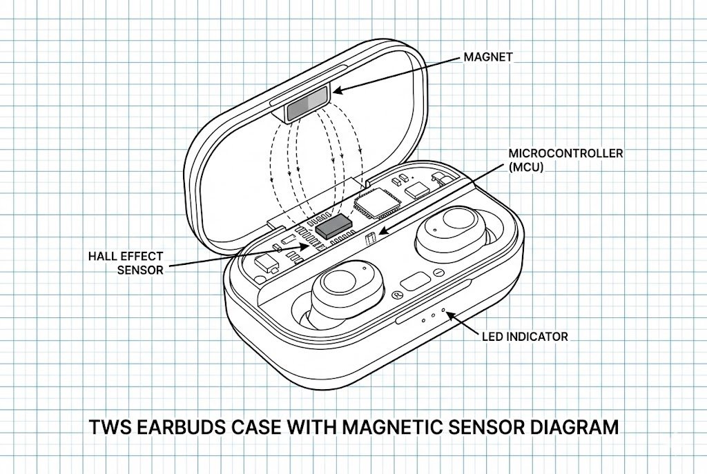 TWS Application Example TWS earbuds case with magnetic sensor diagram