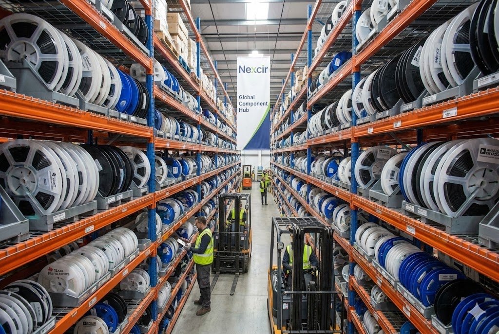 Authentic Component Verification Nexcir warehouse showing authentic component reels