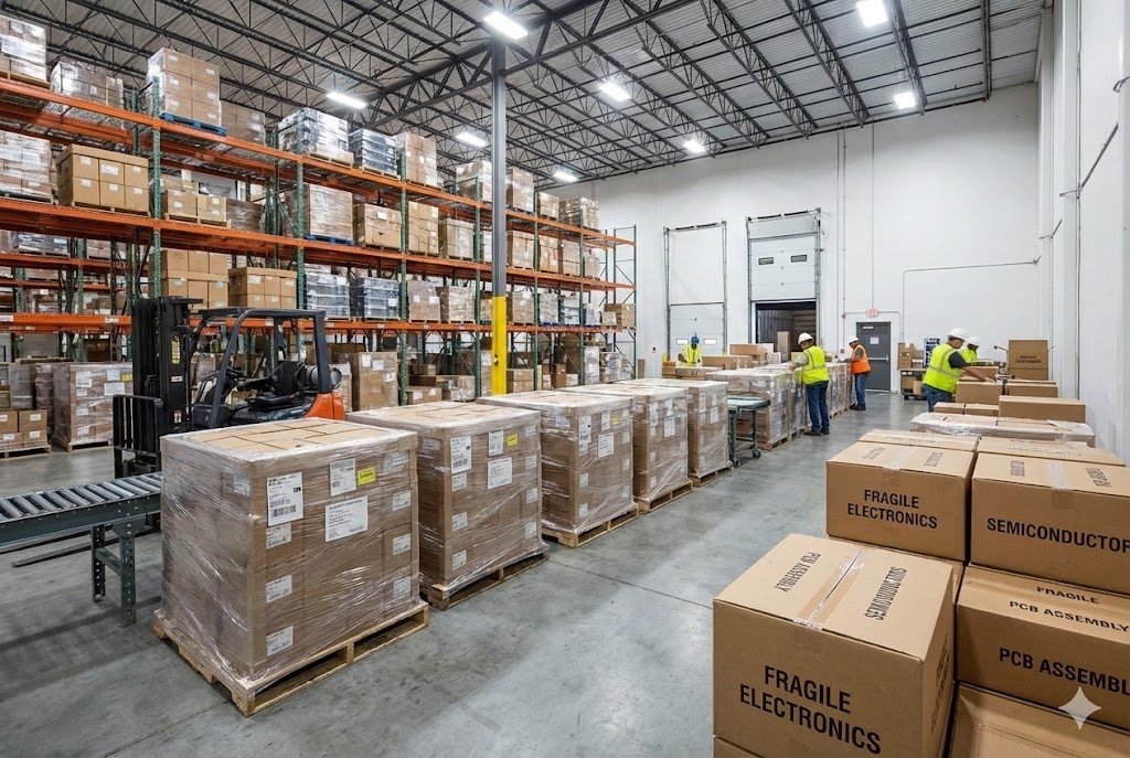 Warehouse with electronic components ready to ship