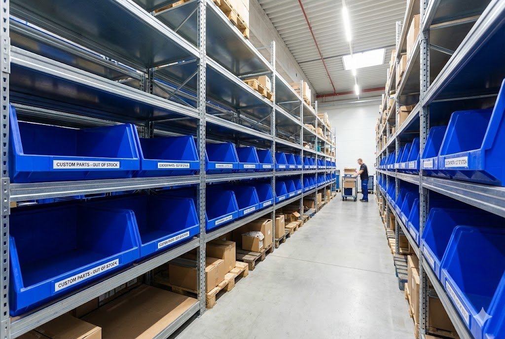 Warehouse shelves showing empty bins for custom parts