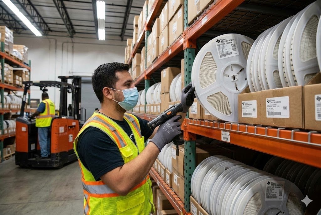 Warehouse worker checking electronic component reels
