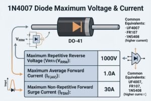 Diagram of 1N4007 diode showing maximum voltage and current specifications.