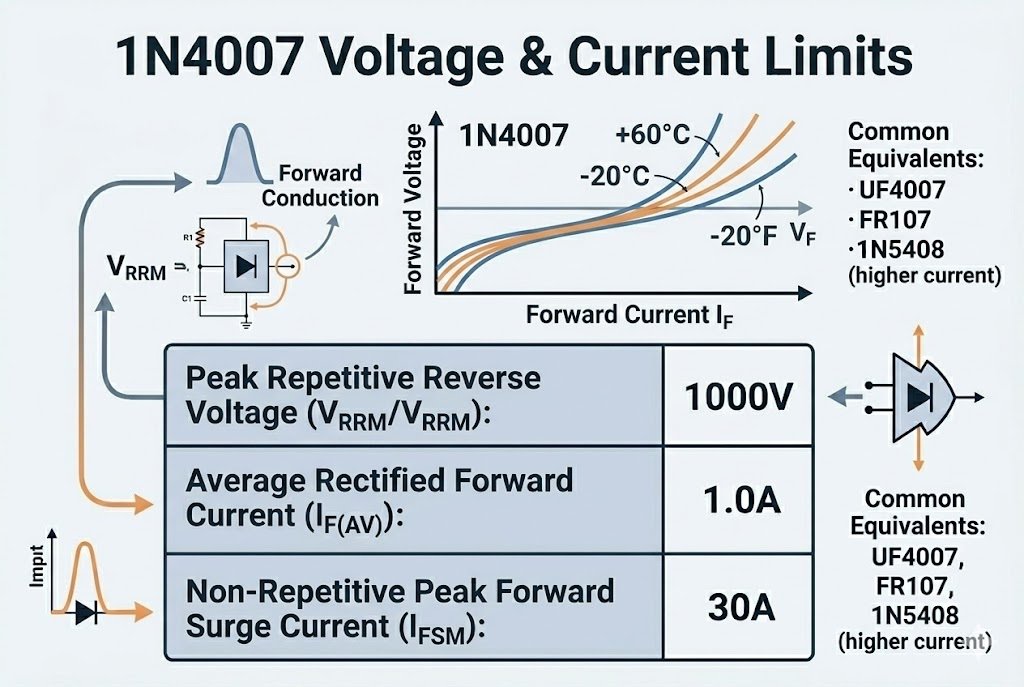 1N4007 voltage and current limits