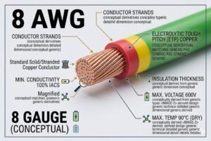 Diagram of an 8 AWG copper wire showing conductor strands, insulation, and specifications.