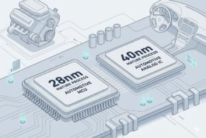 Illustration of 28nm and 40nm mature process automotive chips, showing microcontrollers and analog ICs integration.