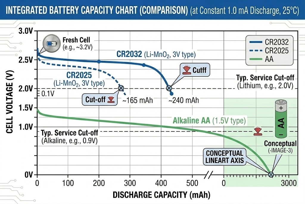 Discharge curve comparison of CR2025 and CR2032 Battery capacity chart