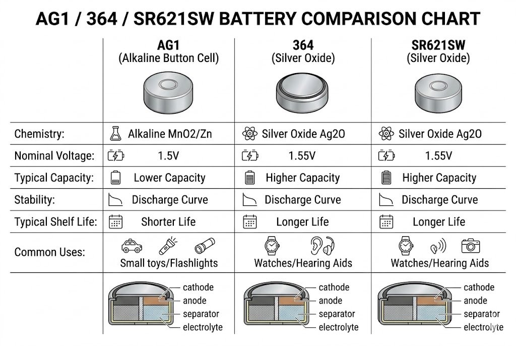 AG1 364 SR621SW battery comparison chart