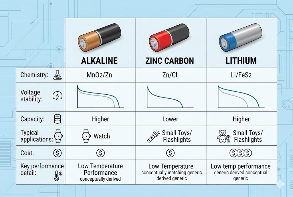 Comparison of Alkaline, Zinc-Carbon, and Lithium batteries 1.5V battery types comparison chart
