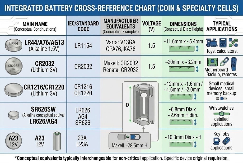 Battery cross reference chart table