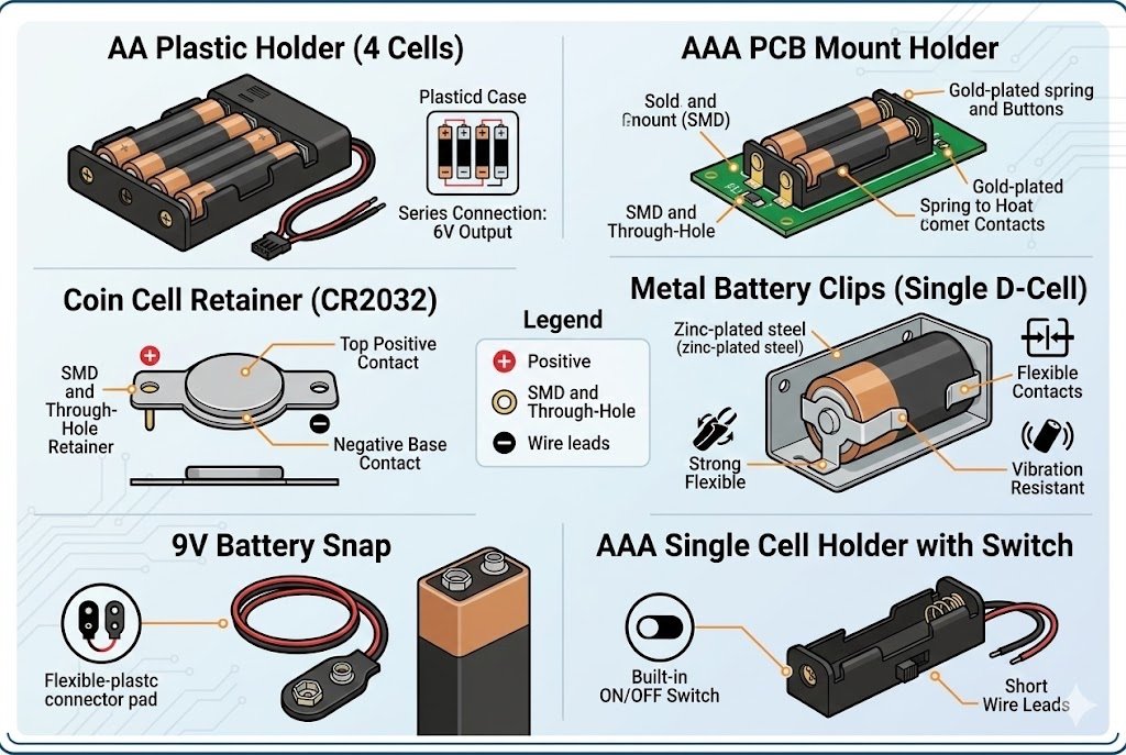 Different types of coin cell battery holders Battery holder types