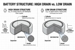 Comparison of high drain and low drain battery structures with labeled components such as cathode and anode.