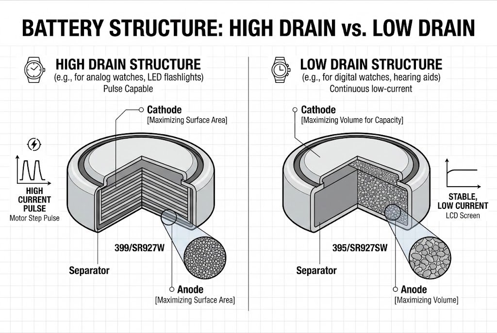High drain vs low drain battery structure