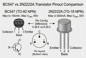 Diagram comparing BC547 and 2N2222A transistor pinouts with specifications and pin configurations.